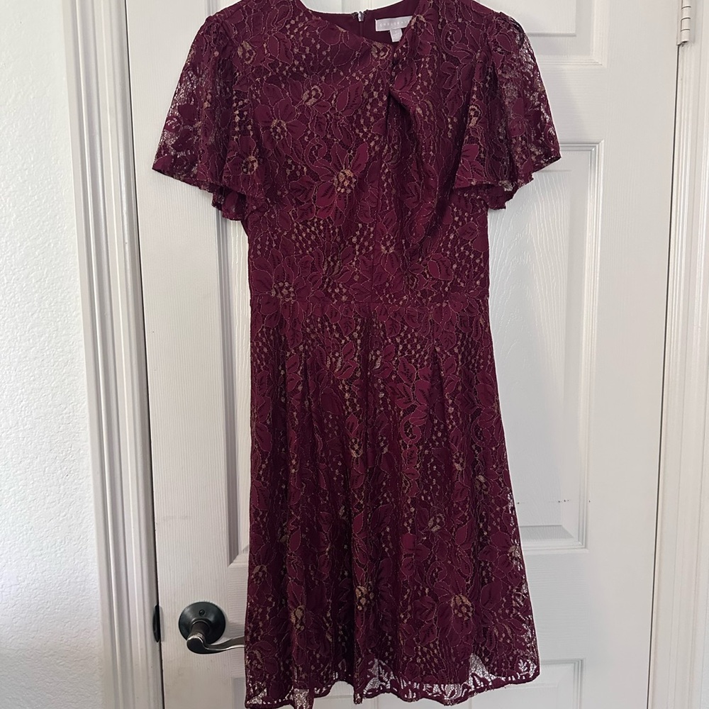Chelsea28 Metallic Lace Fit Flare Red Dress Gold S